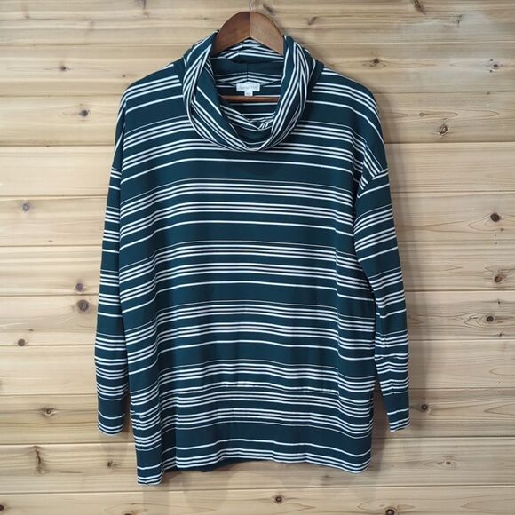 Garnet Hill Top Womens Medium Green Striped Cowl Neck - Picture 1 of 9